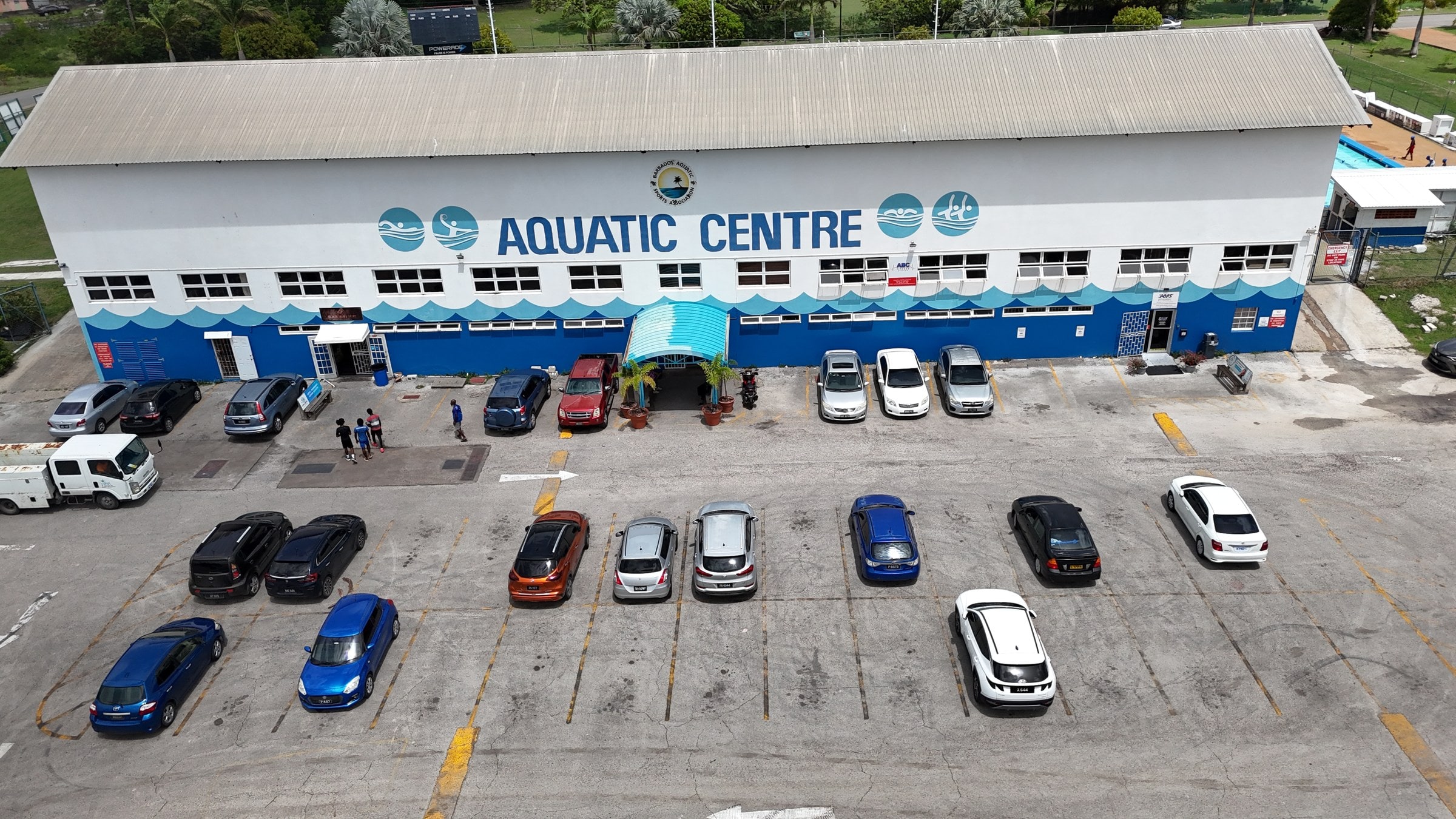 Aerial view of the Aquatic Centre in Wildey. The POPS entrance is on the right side of the building.