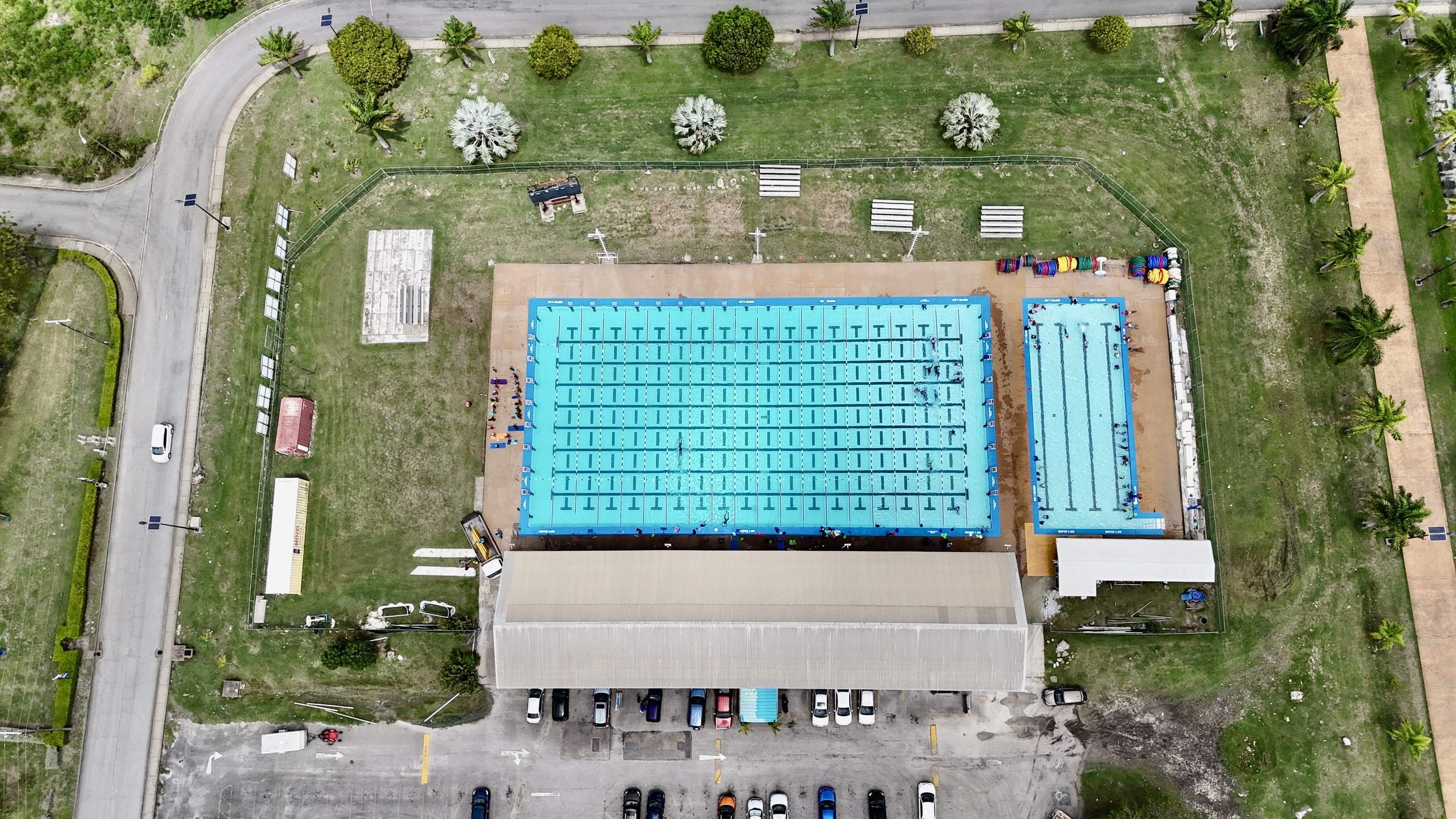 Aerial view of the two pools at the Aquatic Center Complex in Wildey, Barbados